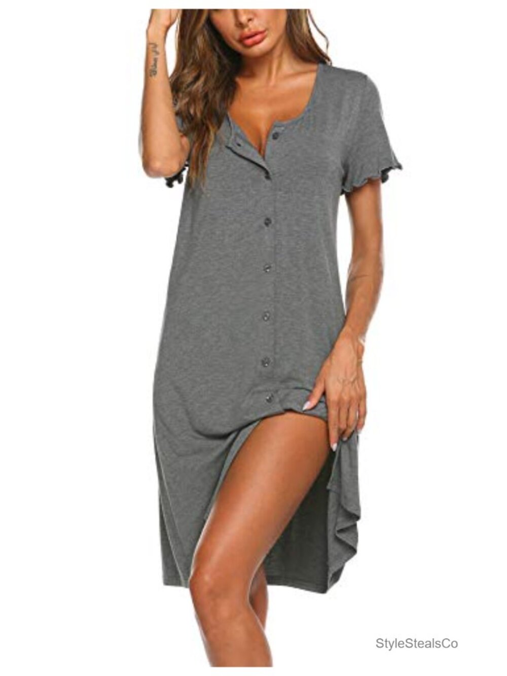 Short Sleeve V-Neck Button Down Nightgown Sleepwear Pajama Dress